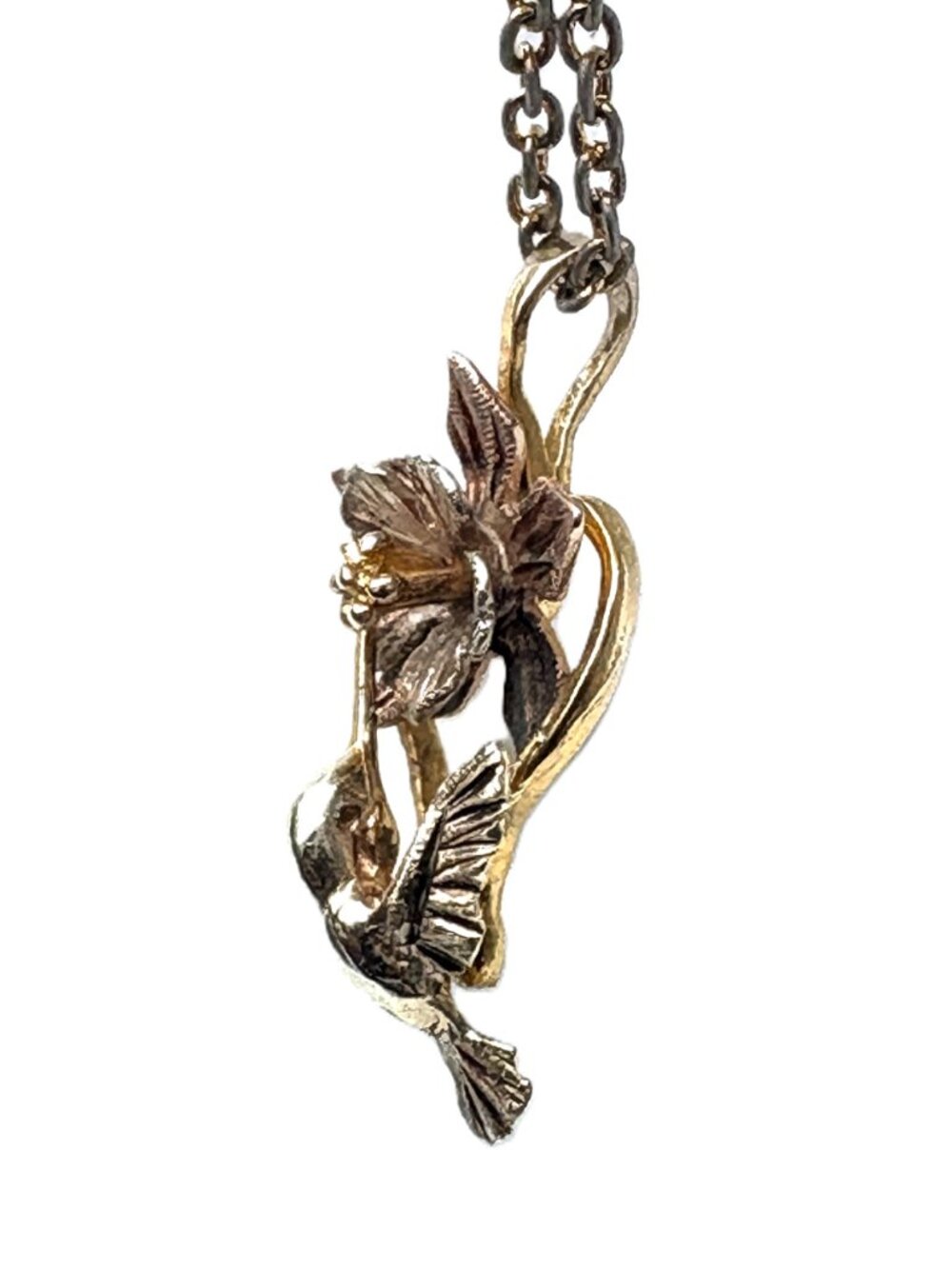 Multi-Tone Black Hills 10K Gold Hummingbird Floral Heart Pendant Fine Jewelry